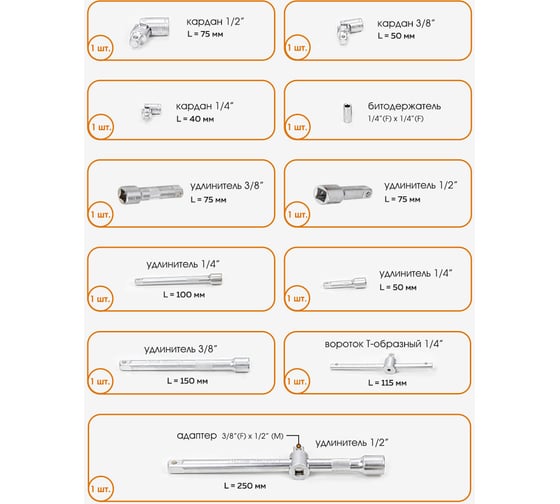 Набор инструментов FORSTIME 1/4", 3/8", 1/2" 6-гр. 4-32 мм, 142 предметов FT-41421-552556