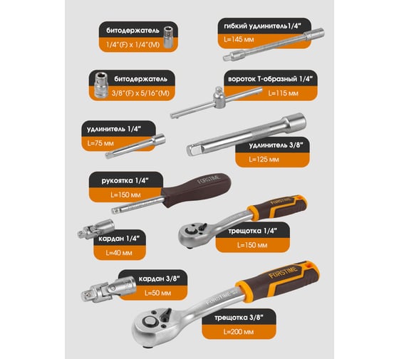 Набор инструментов в пластиковом кейсе FORSTIME 1/4", 3/8" 82 предмета FT-4821-5DS(57353)