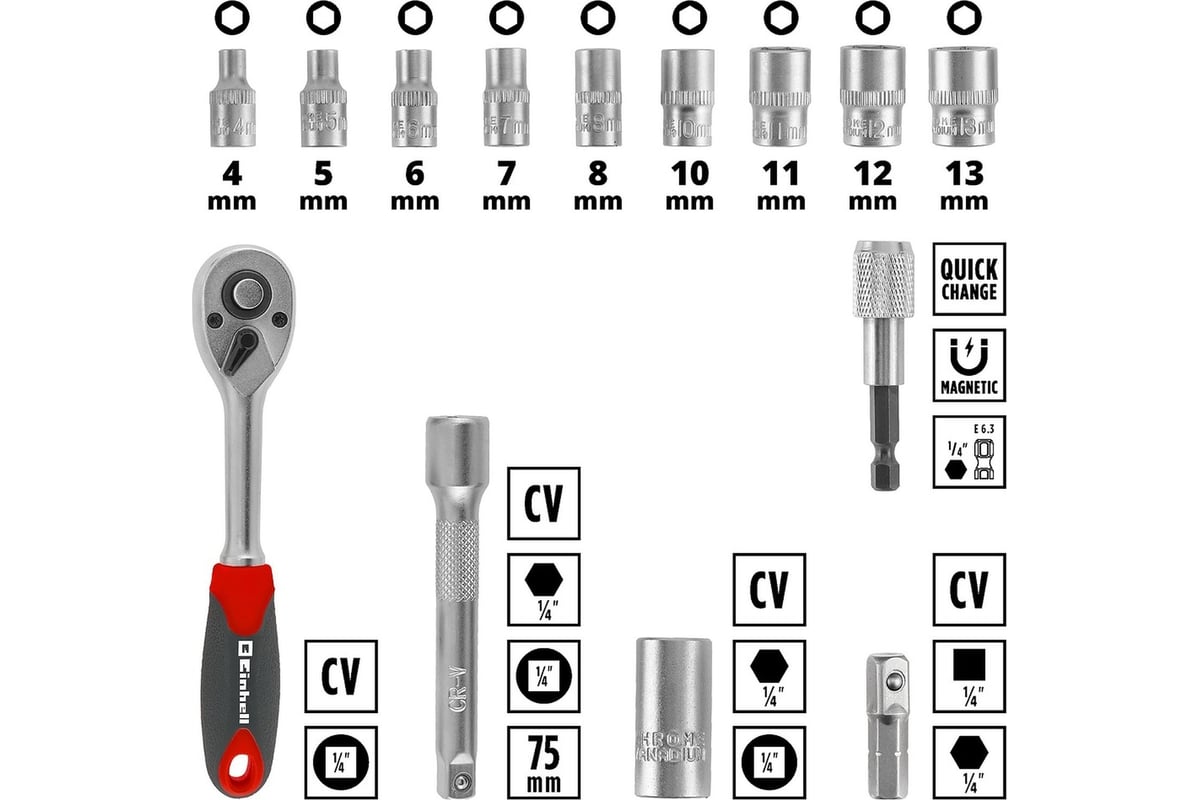 Набор бит и головок Einhell битодержатель, ключ реверсивный, l-case, 37 ...
