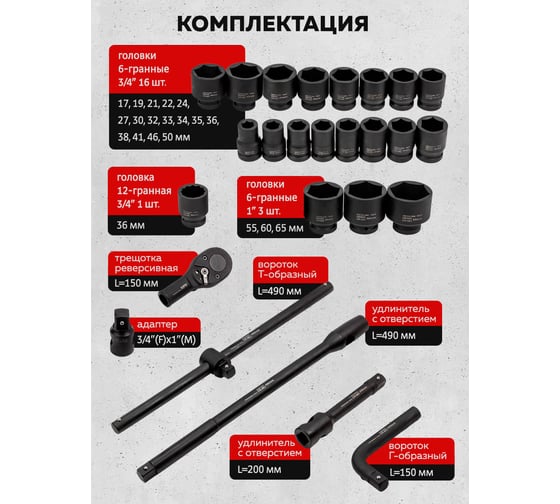 Набор инструментов ударных EVERFORCE 26пр. 3/4" (6гр.) EF-68262-5MPB(57867)