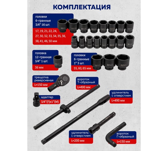 Набор инструментов ударных YATAFORCE 26пр. 3/4" (6гр.) YF-68262-5MPB(57687)