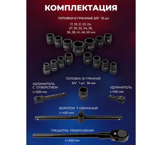 Набор инструментов ударных YATAFORCE 21пр. 3/4" (6гр.) YF-6212-5MPB(57691)