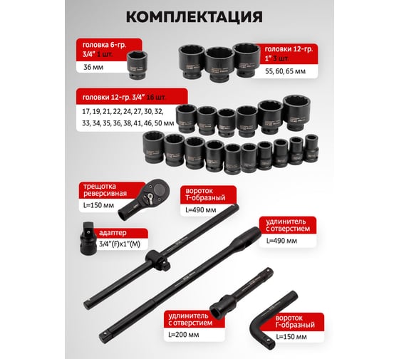 Набор инструментов BaumAuto ударных 26пр. 3/4" (12гр.) BM-68262-9MPB(57957)