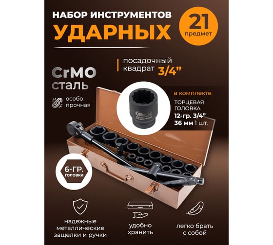 Набор инструментов FORSTIME ударных 21пр. 3/4" (6гр.) FT-6212-5MPB(57692)