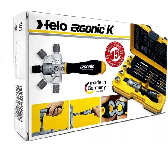 Набор бит и головок с поворотной трещоткой Felo Ergonic K SL/PH/PZ/Tx/HEX, в кейсе, 22 шт. 06072206