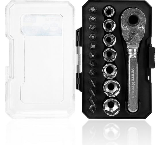 Набор бит vertextools 20 предметов, трещотка, головки 0033-20