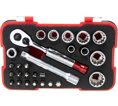 Мини набор цветных бит и головок NIKONA с двухсторонней трещоткой, 5-13мм, в пластиковом ящике, 27пр 88-503