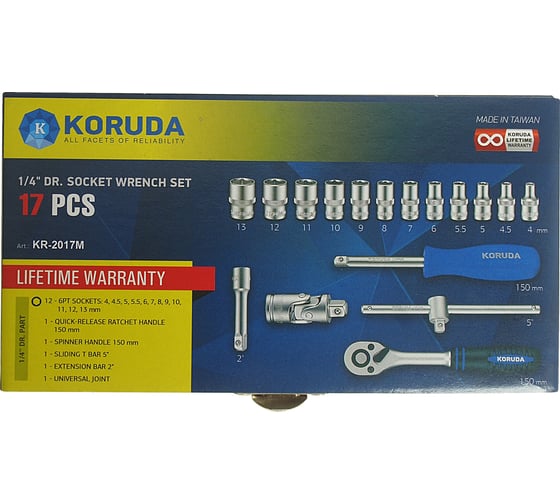 Набор торцевых головок KORUDA KR-2017M DR 6-гранные, 17 предметов, металлический кейс KR-2017M