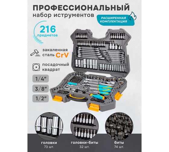 Набор инструментов iLOFORCE 1/4", 3/8", 1/2" (6гр.) 4-32 мм, 216 предметов IF-38841 EURO(57830)