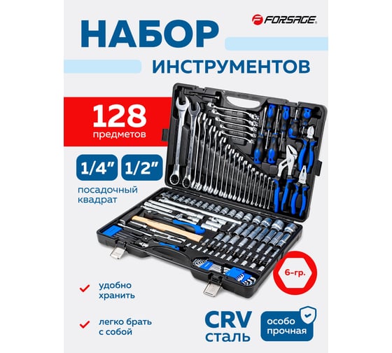 Набор инструментов Forsage 128пр. 1/4'', 1/2'' (6гр.)(головки 4-32мм, ключи 6-32мм) F-41282-5(58630)