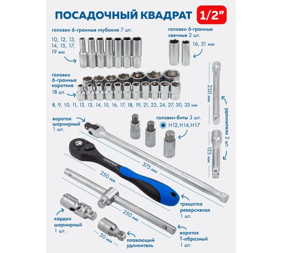Набор инструментов Forsage 128пр. 1/4'', 1/2'' (6гр.)(головки 4-32мм, ключи 6-32мм) F-41282-5(58630)