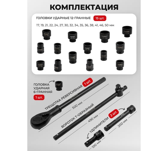 Набор инструментов Forcekraft ударных 21пр.3/4''(12гр)(17,19,21,22,24,27,30,32,34,35,36,36-6гр,38,41,46,50мм), в кейсе FK-6213-9MPB(58392)