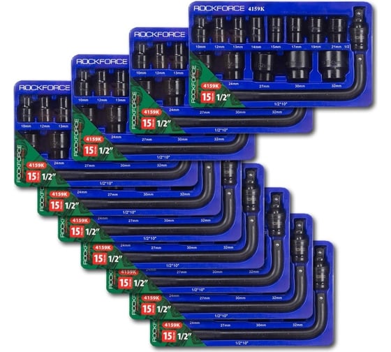 Набор головок ударных 15пр. Rockforce (10 комплектов) 1/2" (6-гр.) (10,12, 13, 14, 15, 17, 19, 21, 22, 24, 27, 30, 32мм) в ложементе RF-4159K ( 10 K-T )(58579)