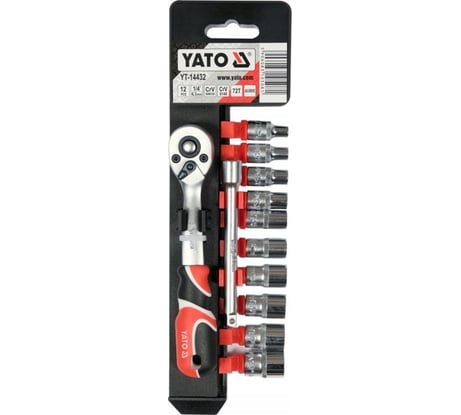 Набор торцовых головок YATO 1/4 4-13мм с трещоткой и удлинителем 12 предметов (пластиковая кассета) YT-14432