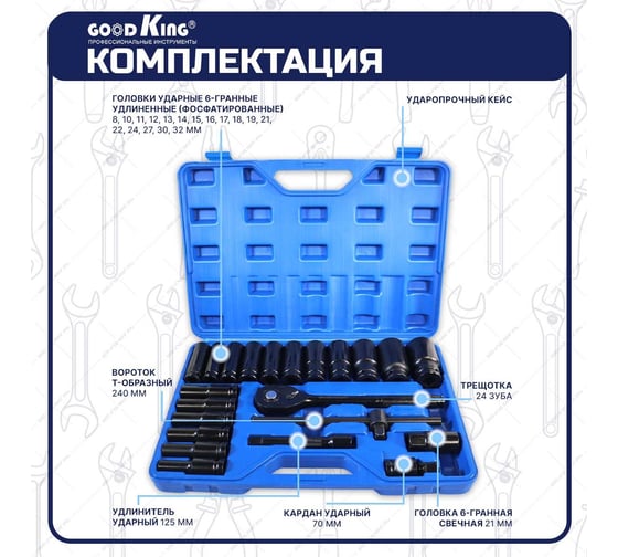 Набор ударных удлиненных торцевых головок с трещоткой GOODKING 23 предмета UGP-11023