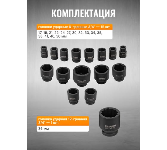 Набор инструментов ударных Patron 21пр, 3/4" (6гр.) P-6212-5MPB(58983)