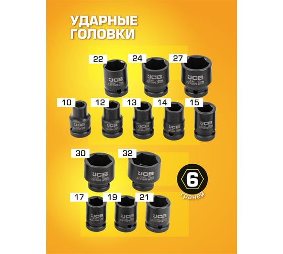 Набор ударных головок JCB 1/2" (6гр.) 15 предметов JCB-4159MPB(59169)