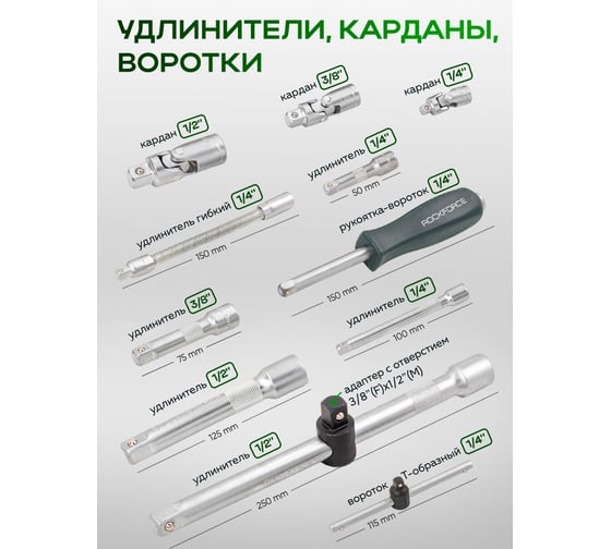 Набор инструмента Rockforce 1/2", 1/4", 3/8" с 6-гранными головками RF-41501-5 PREMIUM(28330)