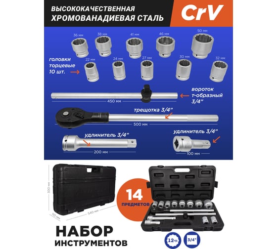 Набор инструментов Forsage 3/4", 12 гранные, 14 предметов в кейсе F-6141-9(19480)