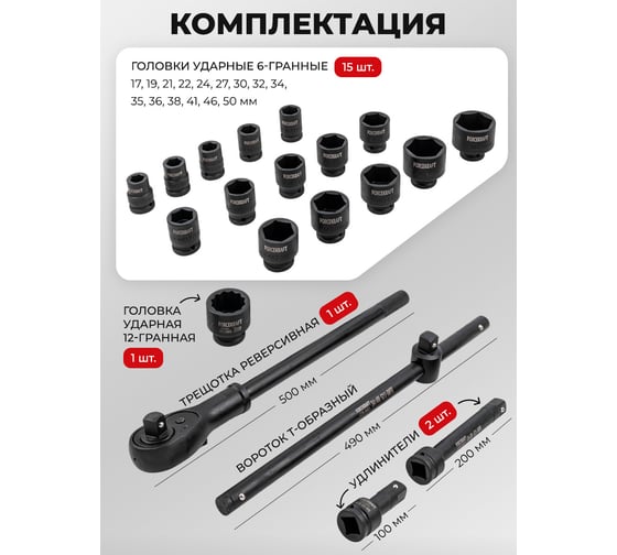 Набор инструментов Forcekraft ударные, Profi, 3/4", 6гр, 21пр, в кейсе FK-6213-5MPB(16214)