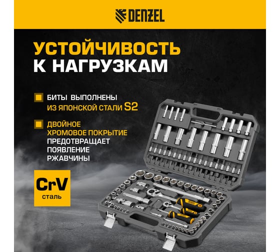 Набор инструментов Denzel 1/2", 1/4", CrV, S2, пластиковый кейс, 109 предметов 15814