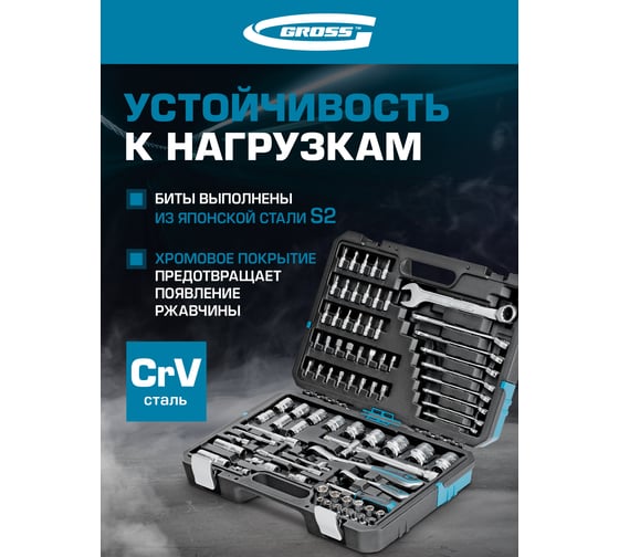 Набор инструментов GROSS 82 предметов, 120 зубьев, CrV, 1/4, 1/2 14149