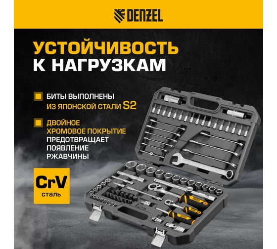 Набор инструментов Denzel 1/2", 1/4", CrV, S2, пластиковый кейс, 82 предмета 15809
