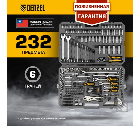 Набор инструментов Denzel 1/2", 3/8", 1/4", CrV, S2, пластиковый кейс, 232 предмета 15808