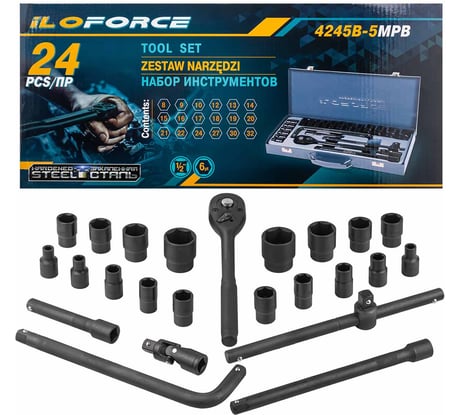 Набор инструментов iLOFORCE 24 предмета 1/2", 6гр., 8-32мм IF-4245B-5MPB(59963)