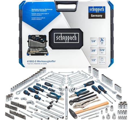 Набор инструментов Scheppach 180 предметов 1/4 3/8 1/2 Sch-41802-5(60806)