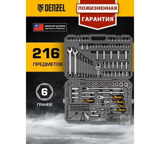 Набор инструментов Denzel 1/2", 1/4", 3/8", CrV, S2, пластиковый кейс, 216 предметов 15807
