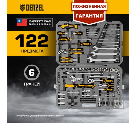 Набор инструментов Denzel 1/2", 1/4", CrV, S2, пластиковый кейс, 122 предмета 15804