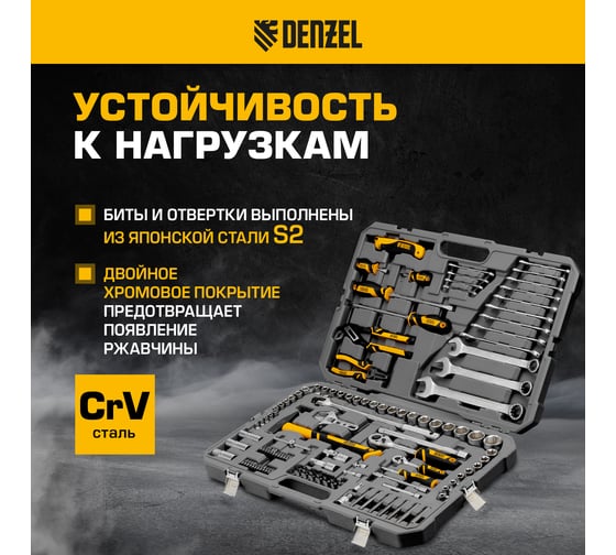 Набор инструментов Denzel 1/2", 1/4", CrV, S2, пластиковый кейс, 122 предмета 15804