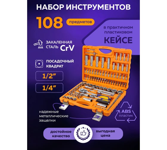 Набор инструментов MEGATOOLS 108 предметов 1/4, 1/2 ( 6гр.) MT-41082-5(57964)