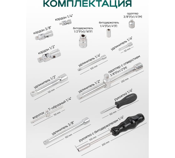 Набор инструментов Rockforce 216 предметов 1/4, 3/8, 1/2 (6гр.) RF LIGHT-38841(61110)