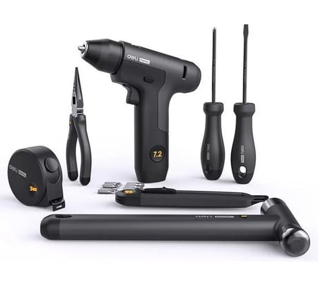 Набор ручного инструмента + шуруповерт DELI Home Series Black HT0208 8 предметов, софттач, Cr-V сталь 170248