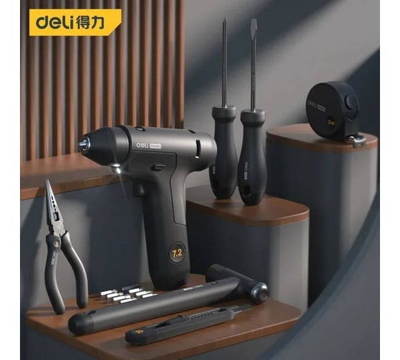 Набор ручного инструмента + шуруповерт DELI Home Series Black HT0208 8 предметов, софттач, Cr-V сталь 170248