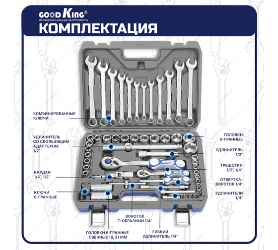 Набор инструментов для автомобиля GOODKING 61 предмет, 1/4 1/2, трещотка 72 зуба B-10061