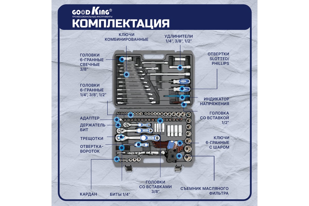 Набор инструментов для авто GOODKING 121 предмет, 1/4 3/8 1/2, трещотка 72  зуба B-10121 - выгодная цена, отзывы, характеристики, фото - купить в  Москве и РФ