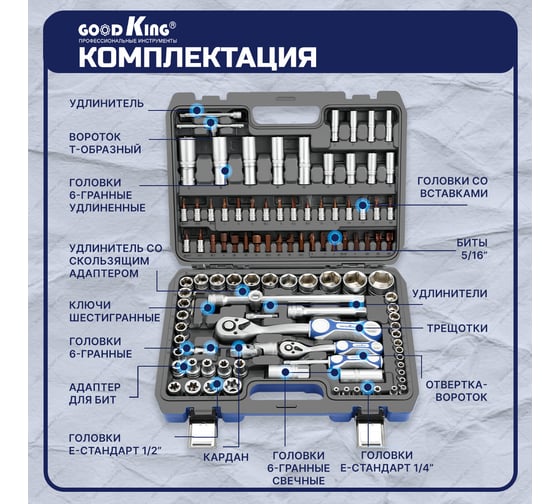 Набор инструментов для авто GOODKING 108 предметов, 1/4 1/2, трещотка 72 зуба B-10108