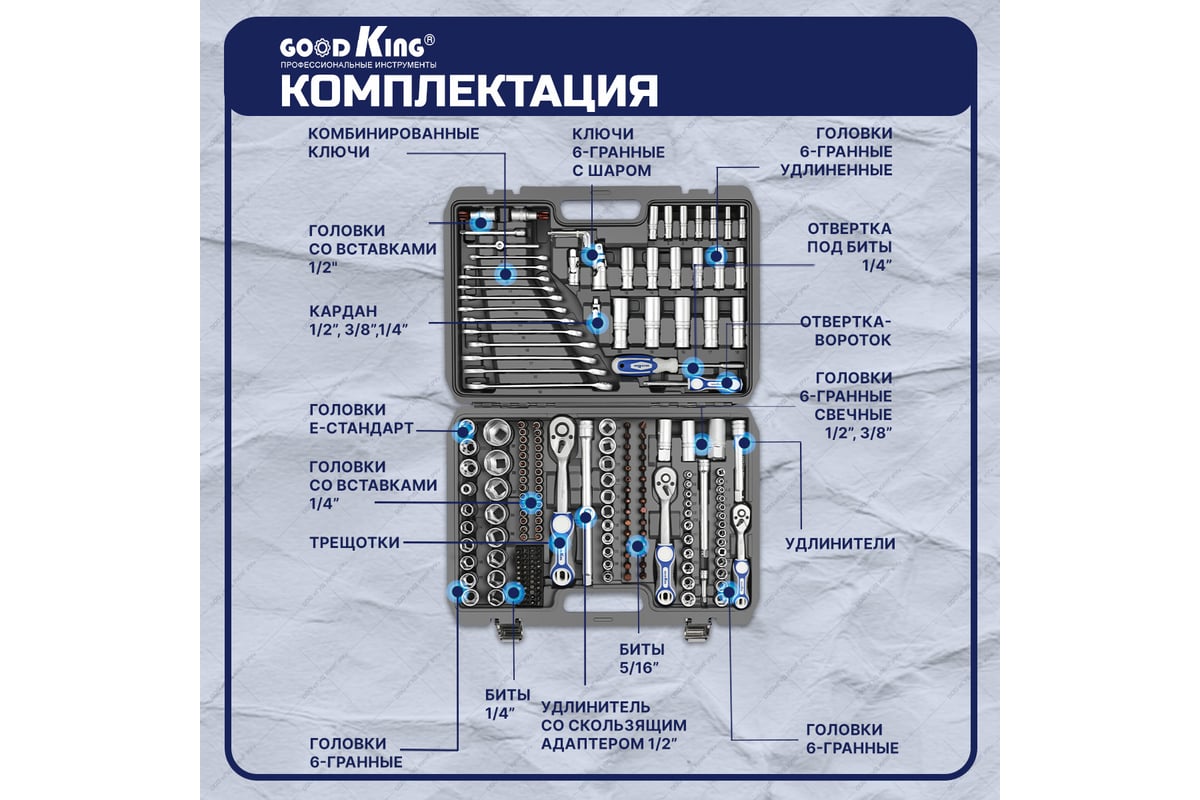 Набор инструментов для авто GOODKING 216 предметов, 1/4 3/8 1/2, трещотка  72 зуба B-10216 - выгодная цена, отзывы, характеристики, фото - купить в  Москве и РФ