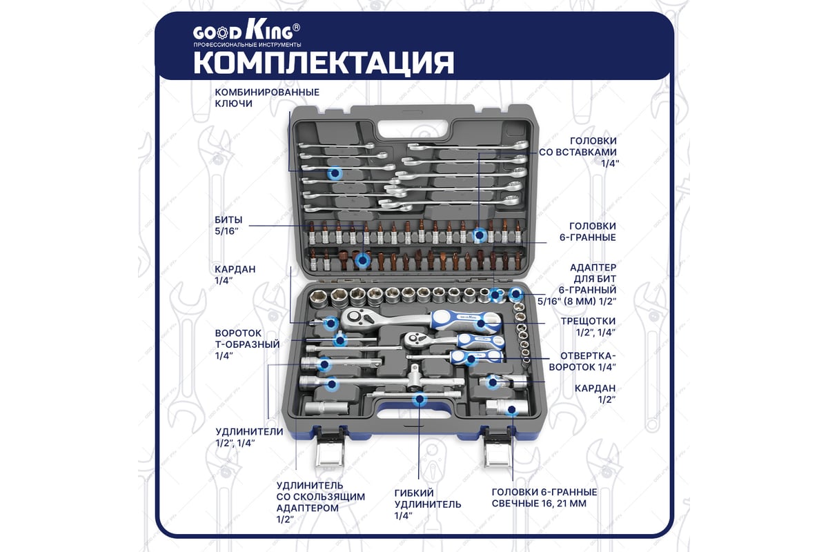 Набор инструментов для авто GOODKING 78 предметов, 1/4 1/2, трещотка 72  зуба B-10078 - выгодная цена, отзывы, характеристики, фото - купить в  Москве и РФ