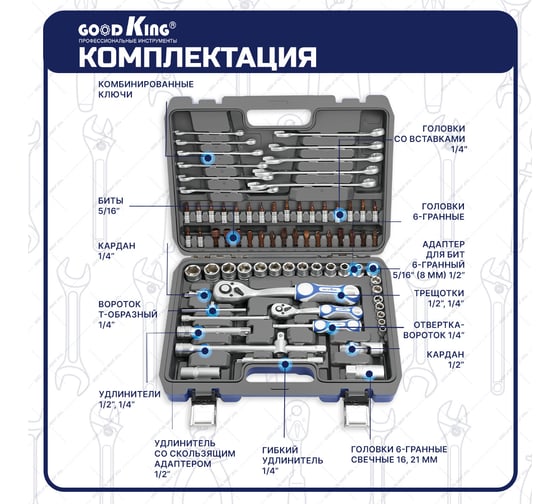 Набор инструментов для авто GOODKING 78 предметов, 1/4 1/2, трещотка 72 зуба B-10078