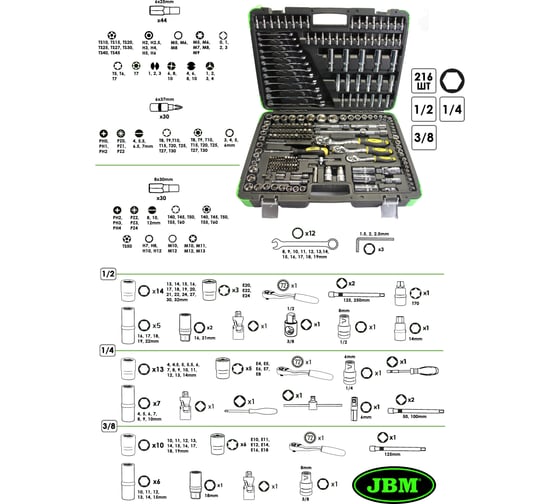 Набор инструмента JBM 1/2,3/8/1/4, 6 гран, 216 предметов, хромированный 52840