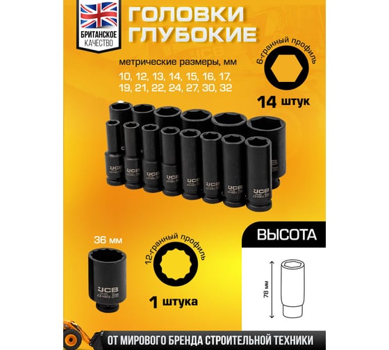 Набор головок JCB ударных глубоких с Г-образным воротком 1/2 16 предметов 10, 12, 13-17, 19, 21, 22, 24, 27, 30, 32 мм. - 6 гранные, 36 мм. -12 гранные в пластиковом кейсе JCB-4166A-5MPB(60549)