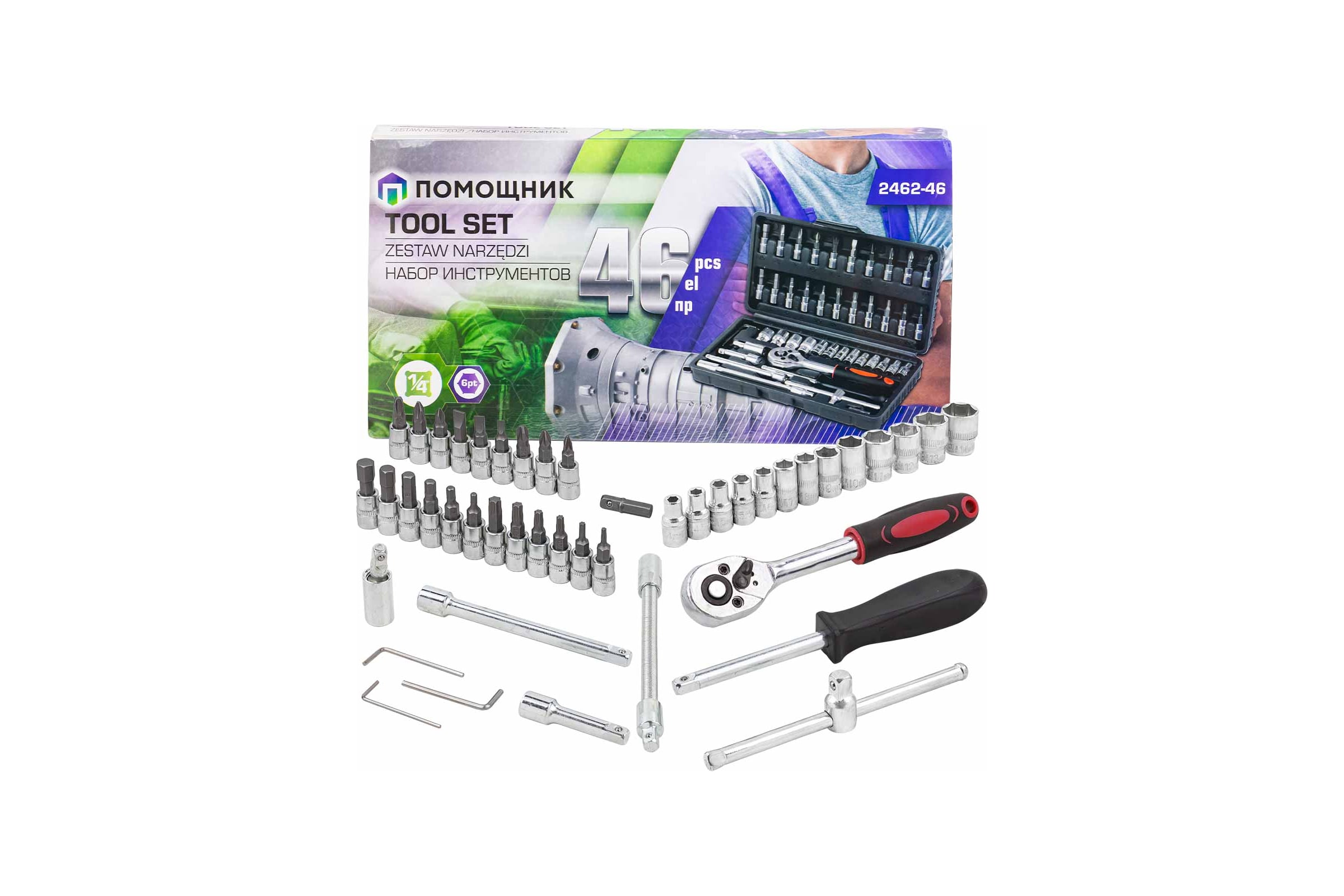 НаборинструментаПомощник46предметов1/4(6-гран.)(4-14мм)2462-46(60437)