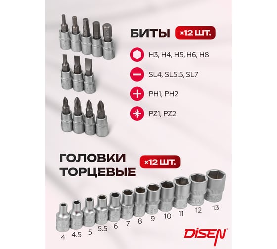 Набор инструментов Disen 29 предметов 1/4''(6гр) (4-13мм) DS-2292-5(50777)