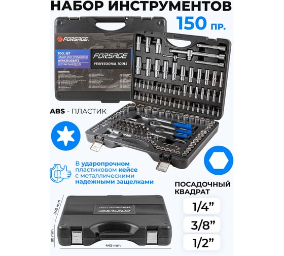 Набор инструментов Forsage 150 предметов 1/4,3/8,1/2 (6-граней)(4-32мм) F-41501-5(9635)