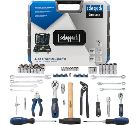 Набор инструментов Scheppach 74 предмета 1/4'', 1/2'' (6 граней) Sch-4742-5(64479)