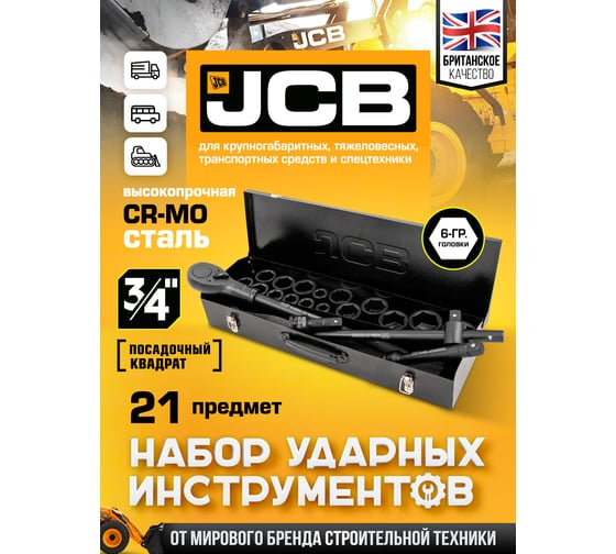 Набор инструментов ударных JCB 3/4, 21 предмет, 6-гранные в металлическом кейсе JCB-6212-5MPB(61736)